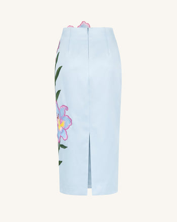 Lily Floral Embroidered High Waist Pencil Midi Skirt - Light Blue