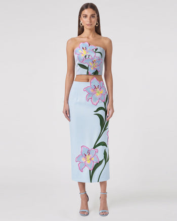 Lily Floral Embroidered High Waist Pencil Midi Skirt - Light Blue