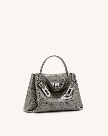 Rhea Small Double Buckle Shoulder Bag - Grey Croc
