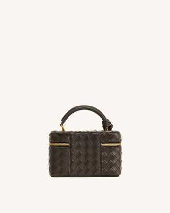 Cleo Woven Texture Box Shape Top Handle Bag - Dark Brown