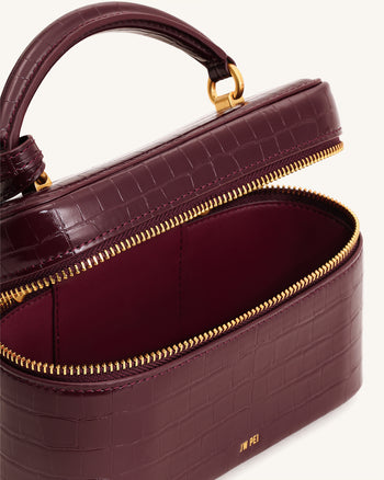 Cleo Box Shape Top Handle Bag - Claret Croc