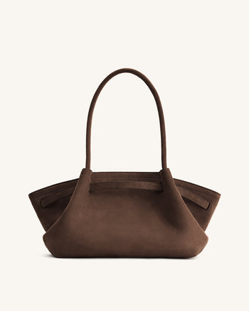 Hana Wide Faux Suede Tote Bag - Dark Brown