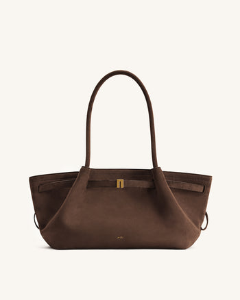 Hana Wide Faux Suede Tote Bag - Dark Brown