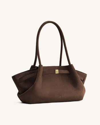 Hana Wide Faux Suede Tote Bag - Dark Brown