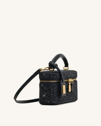 Cleo Artificial Crystal Box Shape Top Handle Bag - Black