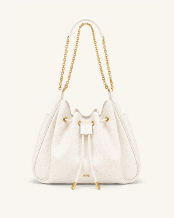 Rowan Faux Ostrich Grain Ruched Drawstring Chain Bucket Bag - Cream White
