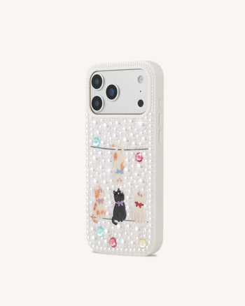 Pearl-Embellished Playful Cats Phone Case - White