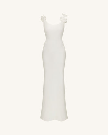 3D Floral Appliqué Satin Dress - White
