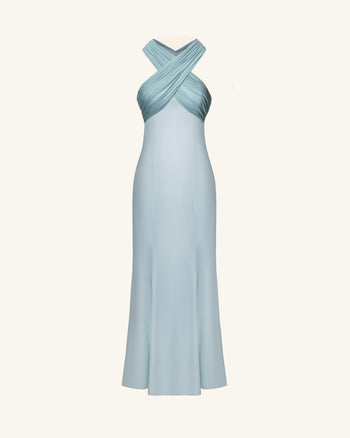 Pleated Cross-Halter Satin Maxi Dress - Dusty Blue
