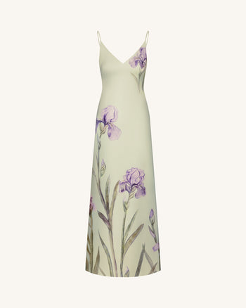Iris Motif Satin Slip Gown - Light Green/Purple