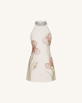 Jeweled Halter Iris Motif Dress - Ivory/Pink