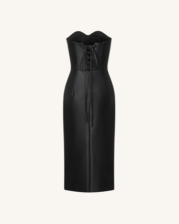 Iris Floral-Print Strapless Corset Leather Midi Dress - Black