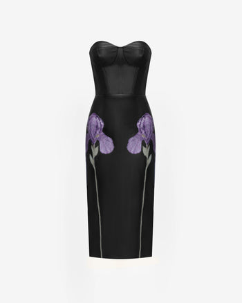 Iris Floral-Print Strapless Corset Leather Midi Dress - Black