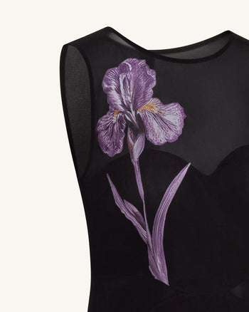 Sheer Floral Print Paneled Maxi Dress - Black