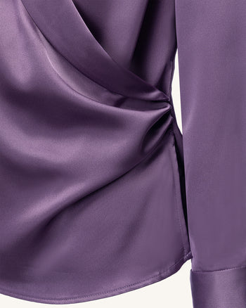 Satin Wrap V Neck Long Sleeve Blouse - Dusty Mauve