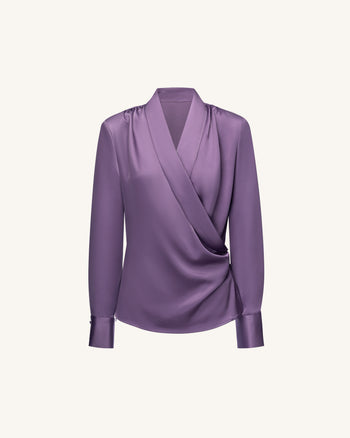 Satin Wrap V Neck Long Sleeve Blouse - Dusty Mauve