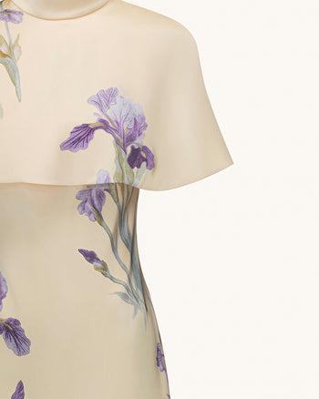 Iris Print Cape Overlay Mini Dress - Soft Yellow