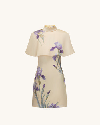 Iris Print Cape Overlay Mini Dress - Soft Yellow