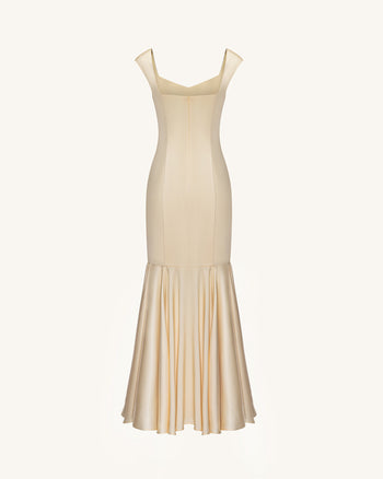 Iris Print Satin Mermaid Maxi Dress - Soft Yellow