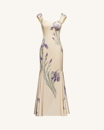 Iris Print Satin Mermaid Maxi Dress - Soft Yellow