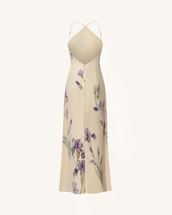Iris Print Cross-Halter Open-Back Maxi Dress - Yellow