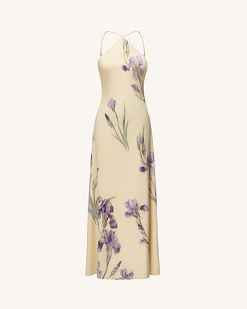 Iris Print Cross-Halter Open-Back Maxi Dress - Yellow