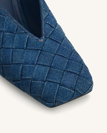Ellie Woven Square-Toe Mule Heels - Denim Blue