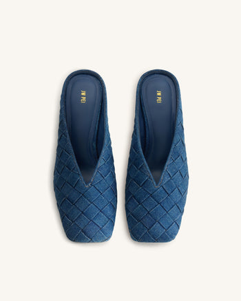 Ellie Woven Square-Toe Mule Heels - Denim Blue