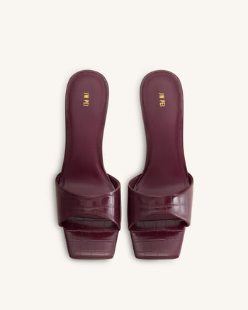Hannah Croc-Embossed Heel Mules - Burgundy