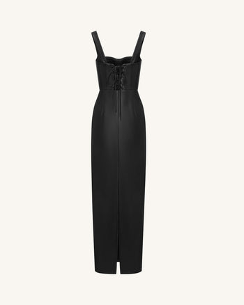 Iris Floral-Print Strappy Corset Leather Maxi Dress - Black