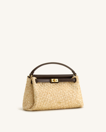 Carmen Faux Straw Top Handle Bag - Brown