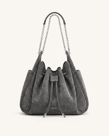 Rowan Faux Suede Drawstring Chain Bucket Bag - Smog Gray Croc