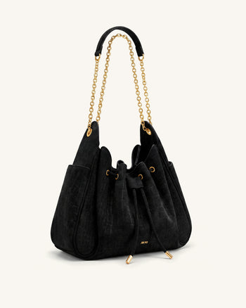 Rowan Faux Suede Drawstring Chain Bucket Bag - Cool Black Croc