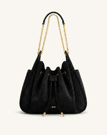Rowan Faux Suede Drawstring Chain Bucket Bag - Cool Black Croc