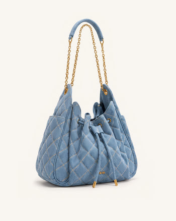 Rowan Ruched Quilting Drawstring Chain Bucket Bag - Blue Denim