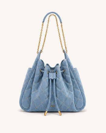 Rowan Ruched Quilting Drawstring Chain Bucket Bag - Blue Denim