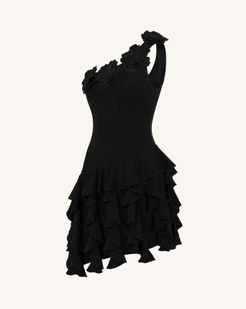 Flower Embroidered One-Shoulder Corset Mini Dress - Black