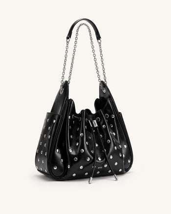 Rowan Studded Ruched Drawstring Chain Bucket Bag - Shiny Black