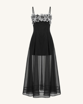 Floral Embroidered Sheer Layered Maxi Dress - Black