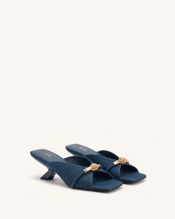 Lena Metal Rope Knot Denim Cross-Strap Heeled Sandals - Denim Blue