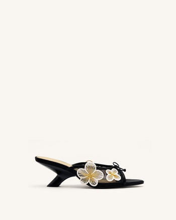 Mireille Bow Floral Embroidered Appliqué Mesh Heeled Sandals - Black