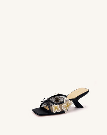 Mireille Bow Floral Embroidered Appliqué Mesh Heeled Sandals - Black