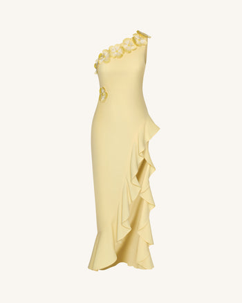 Floral Appliqué One Shoulder Ruffle Slit  Dress - Yellow