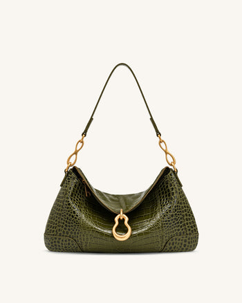 Jayla Metal Pendant Embellished Shoulder Bag - Green Croc