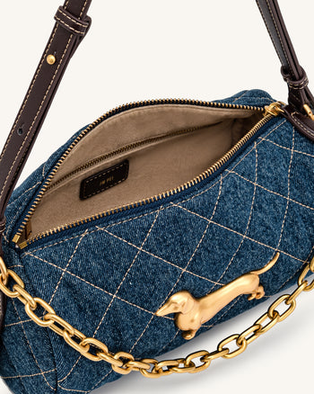 Lucienne Dachshund Quilted Chain Shoulder Bag - Blue Denim