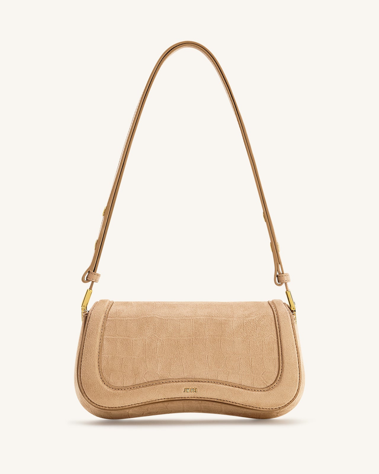 Joy Croc-Embossed Faux Suede Shoulder Bag - Beige