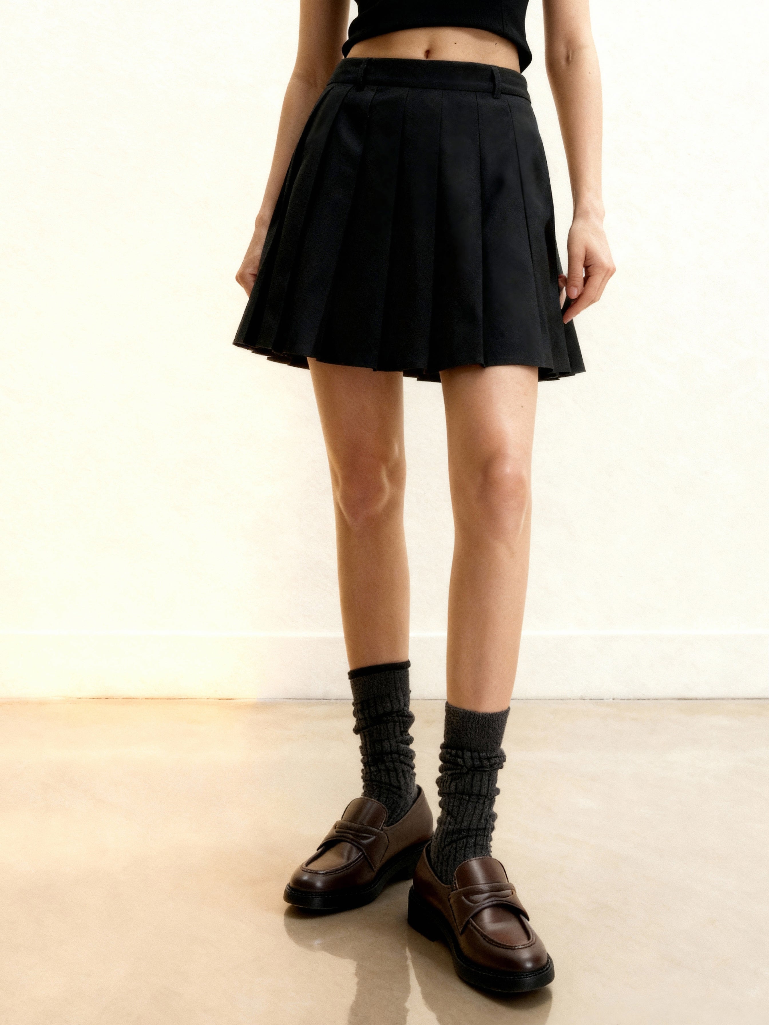 Satin Pleated Mini Skirt - Black - JW PEI UK