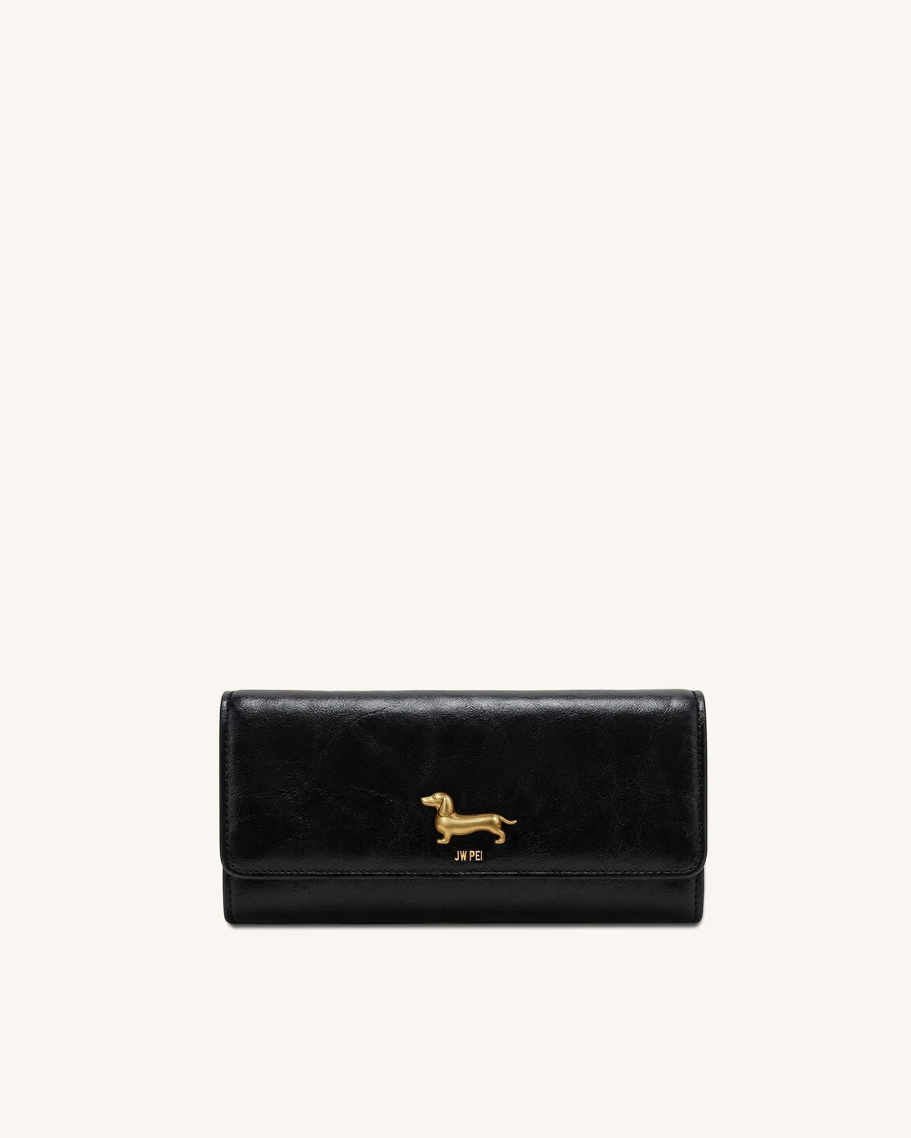 Maeve Dachshund Metal Emblem Flap Long Wallet - Black