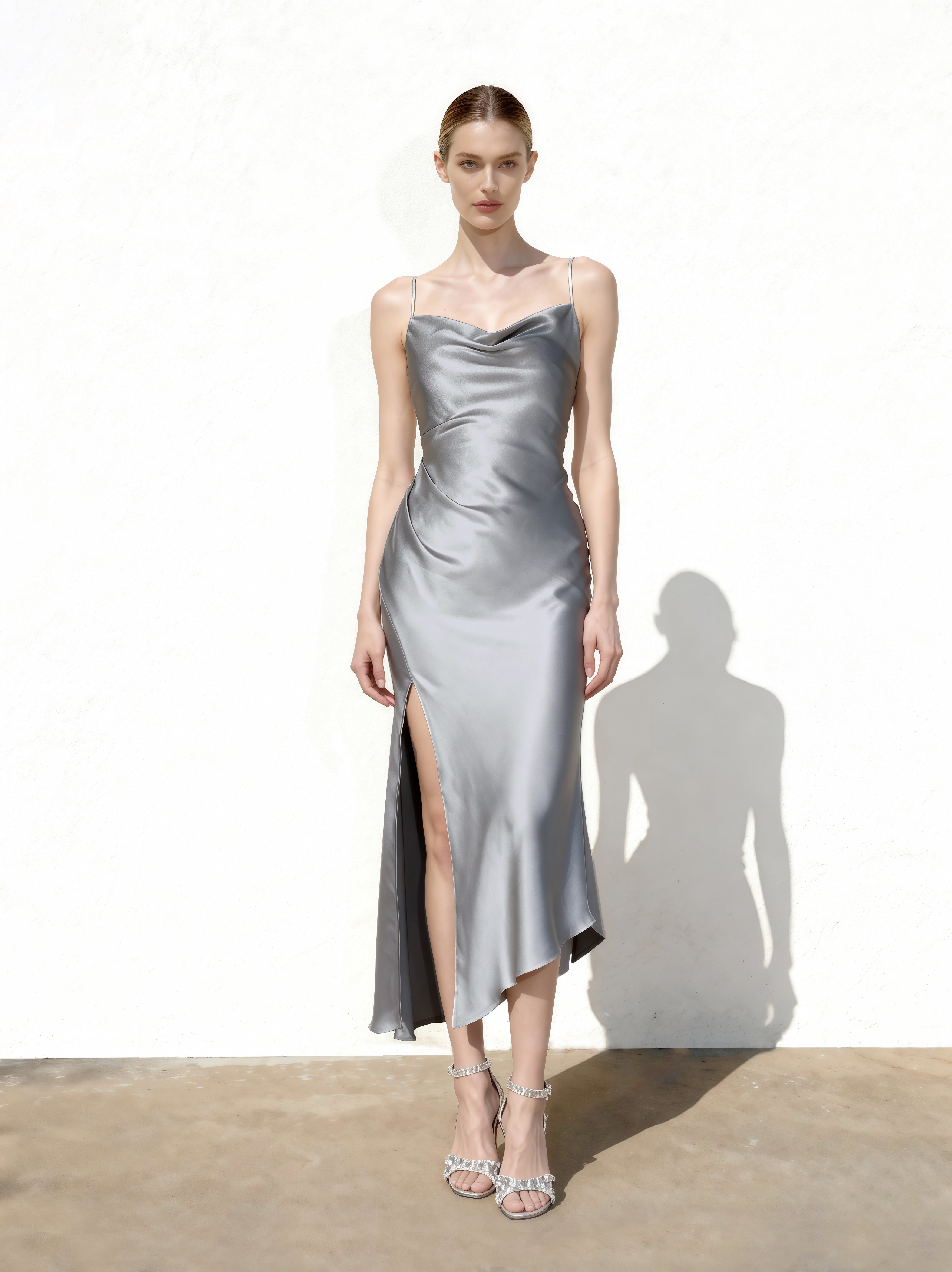 Liquid Satin Cowl-Slit Gown - Silver - JW PEI UK Liquid Satin Cowl-Slit Gown - Silver - JW PEI UK