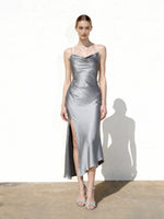 Liquid Satin Cowl-Slit Gown - Silver